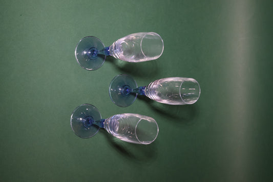 Luminarc Champagne Flutes with Blue Stems (Set of 3), 1980s.