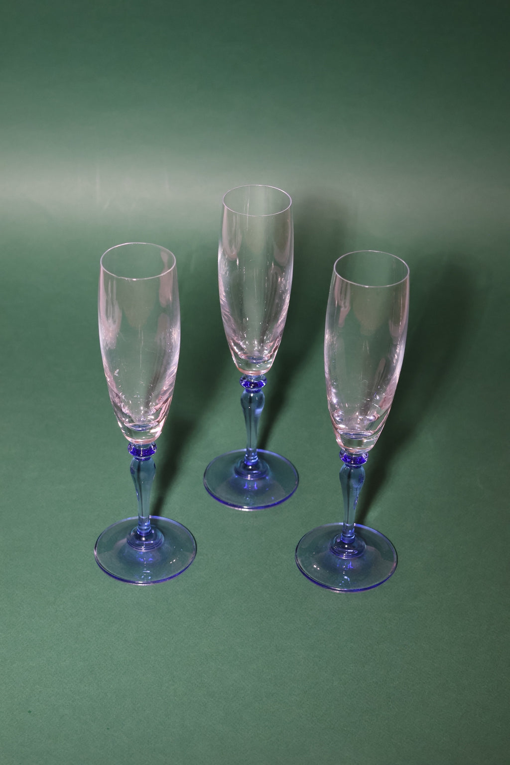 Luminarc Champagne Flutes with Blue Stems (Set of 3), 1980s.