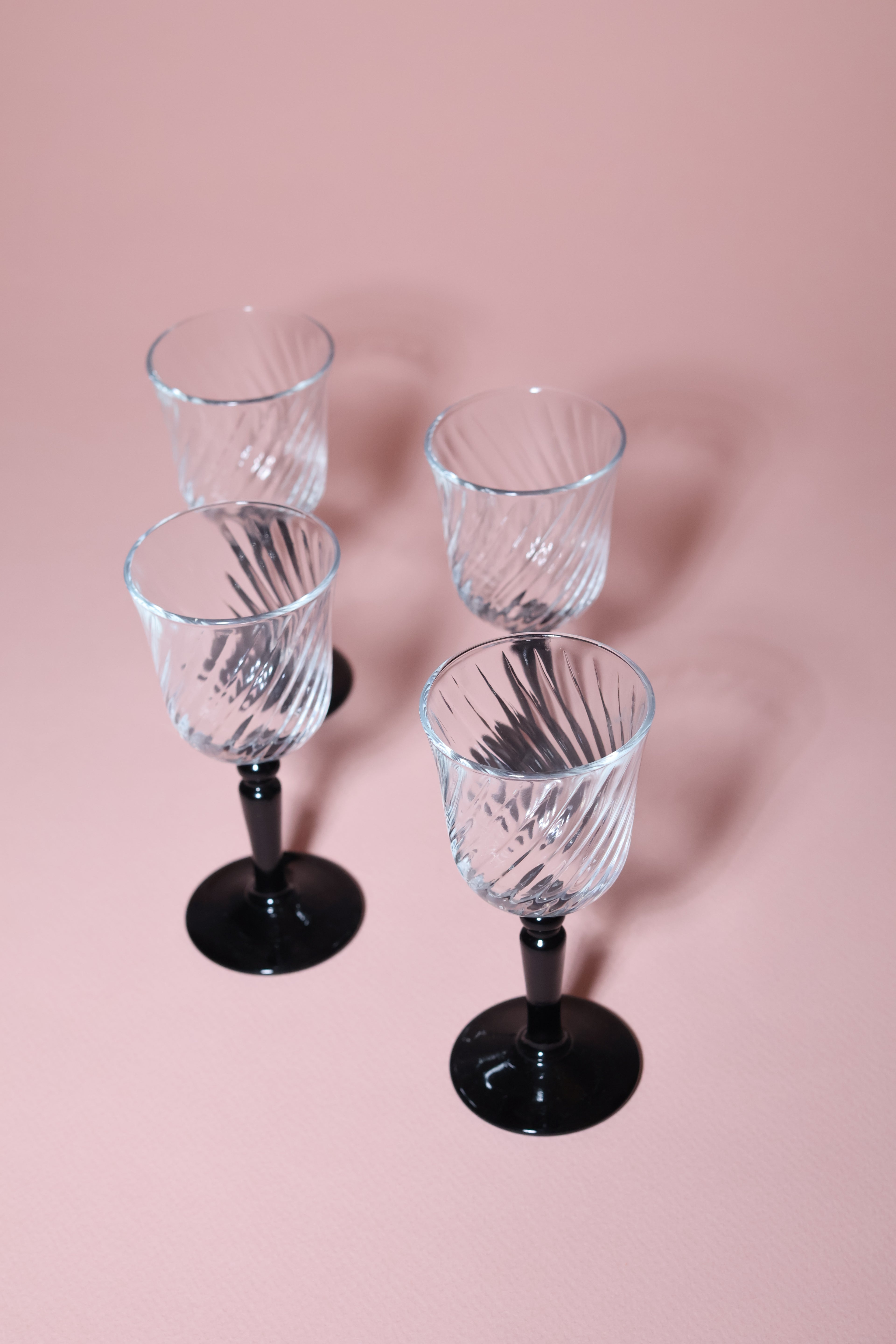 Set of 4 Onyx by J. G. Durand Swirl Cordial Glasses, 1970s.