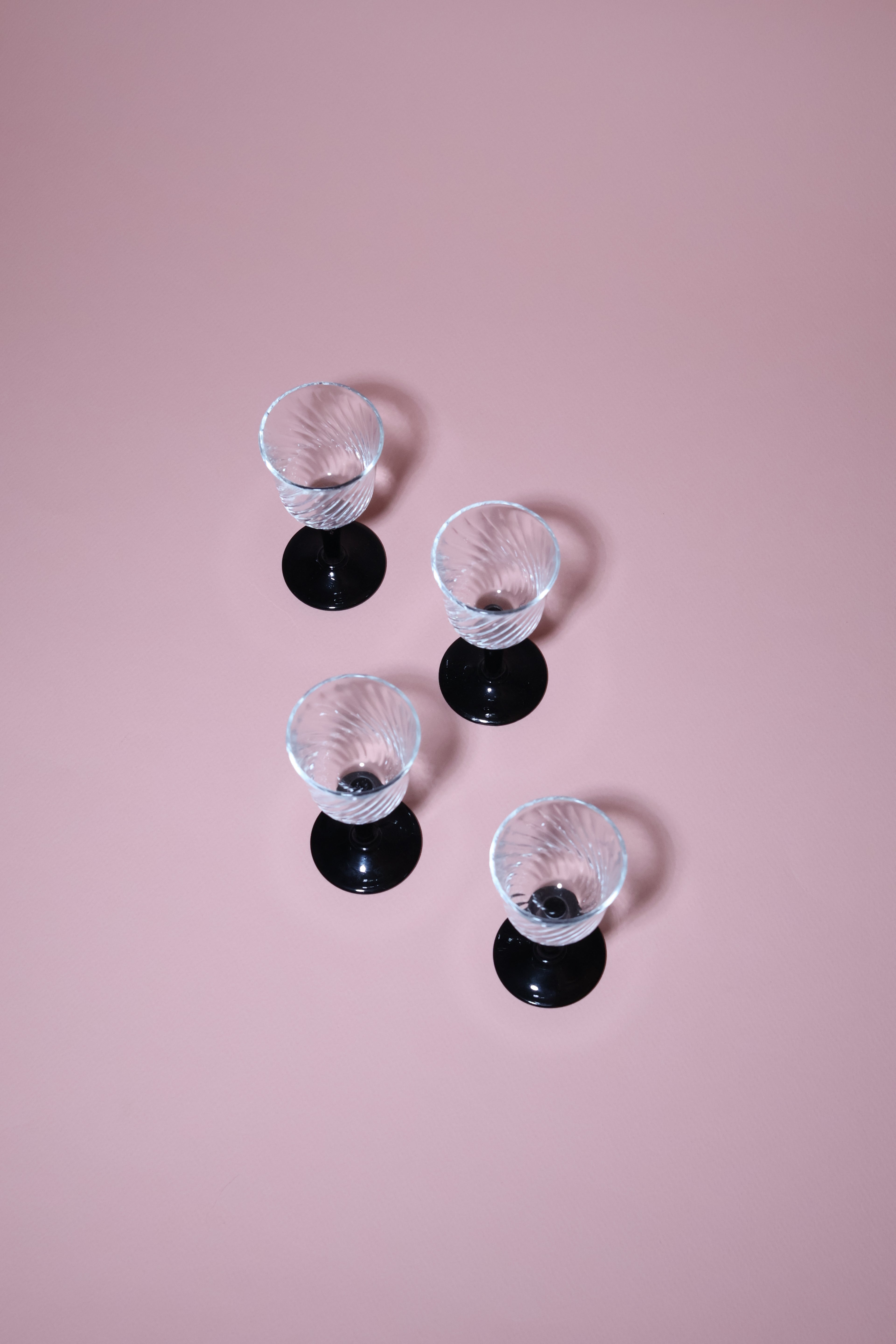 Set of 4 Onyx by J. G. Durand Swirl Cordial Glasses, 1970s.